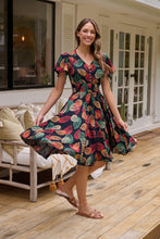 Load image into Gallery viewer, Carina Navy/Red/Green Bold Leaf Print Summer Dress