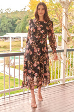 Load image into Gallery viewer, Kinsley Floral Print Black/Pink Long Sleeve Evening Dress