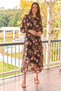 Kinsley Floral Print Black/Pink Long Sleeve Evening Dress