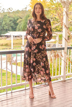 Load image into Gallery viewer, Kinsley Floral Print Black/Pink Long Sleeve Evening Dress