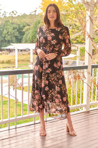 Kinsley Floral Print Black/Pink Long Sleeve Evening Dress