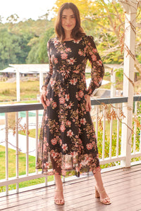 Kinsley Floral Print Black/Pink Long Sleeve Evening Dress