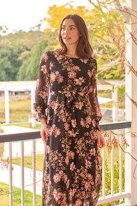 Kinsley Floral Print Black/Pink Long Sleeve Evening Dress