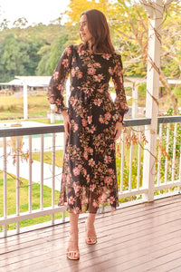 Kinsley Floral Print Black/Pink Long Sleeve Evening Dress