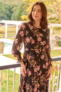 Kinsley Floral Print Black/Pink Long Sleeve Evening Dress