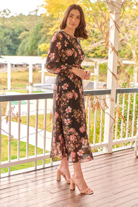 Kinsley Floral Print Black/Pink Long Sleeve Evening Dress