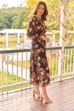 Load image into Gallery viewer, Kinsley Floral Print Black/Pink Long Sleeve Evening Dress