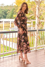 Load image into Gallery viewer, Kinsley Floral Print Black/Pink Long Sleeve Evening Dress