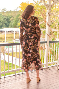 Kinsley Floral Print Black/Pink Long Sleeve Evening Dress