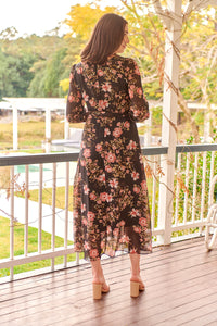 Kinsley Floral Print Black/Pink Long Sleeve Evening Dress