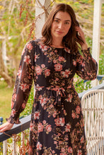 Load image into Gallery viewer, Kinsley Floral Print Black/Pink Long Sleeve Evening Dress