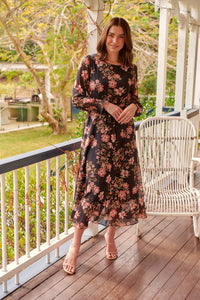 Kinsley Floral Print Black/Pink Long Sleeve Evening Dress