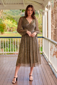 Abigail Gold Long Sleeve Midi Evening Dress