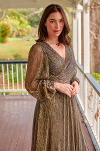 Abigail Gold Long Sleeve Midi Evening Dress