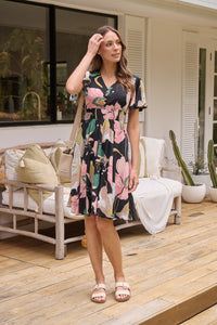 Carina Black/Pink/Green Floral Print Short Sleeve Dress