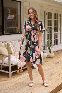 Carina Black/Pink/Green Floral Print Short Sleeve Dress