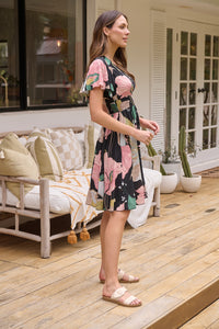 Carina Black/Pink/Green Floral Print Short Sleeve Dress