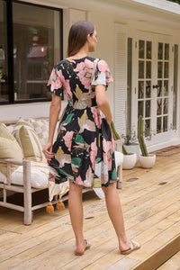 Carina Black/Pink/Green Floral Print Short Sleeve Dress