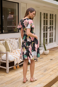 Carina Black/Pink/Green Floral Print Short Sleeve Dress