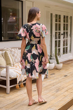 Load image into Gallery viewer, Carina Black/Pink/Green Floral Print Short Sleeve Dress