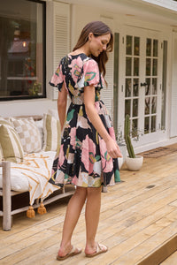 Carina Black/Pink/Green Floral Print Short Sleeve Dress