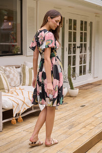 Carina Black/Pink/Green Floral Print Short Sleeve Dress