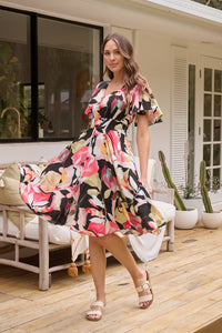 Carina Watermelon/Multi Floral Print Short Sleeve Dress