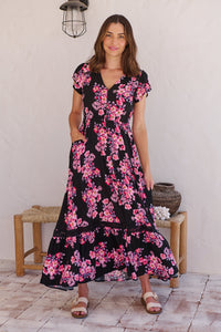 Augustina Black/HOT Pink Floral Button Front Maxi Dress