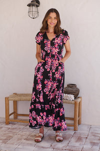 Augustina Black/HOT Pink Floral Button Front Maxi Dress