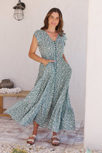 Load image into Gallery viewer, Augustina Button Front Green/White Floral Print Maxi Dress