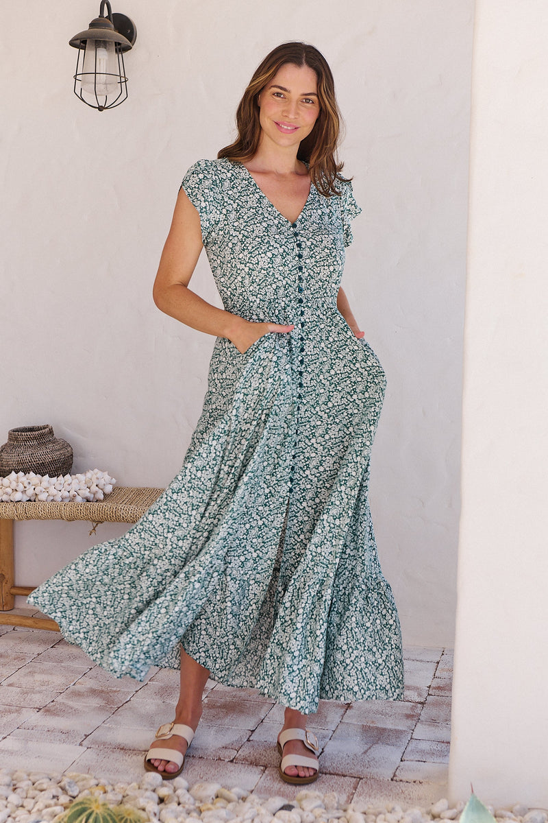 Augustina Button Front Green/White Floral Print Maxi Dress ...