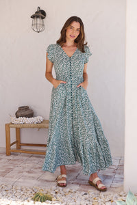 Augustina Button Front Green/White Floral Print Maxi Dress
