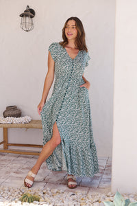 Augustina Button Front Green/White Floral Print Maxi Dress