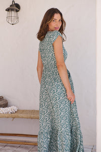 Augustina Button Front Green/White Floral Print Maxi Dress