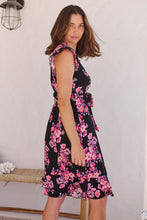 Load image into Gallery viewer, Maggie Black/Hot Pink Floral Print Midi Dress