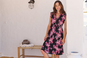 Maggie Black/Hot Pink Floral Print Midi Dress