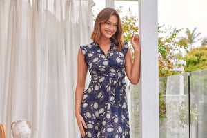Maggie Navy/Tan Bold Floral Midi Dress