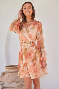 Lara Chiffon Peach Floral Evening Dress