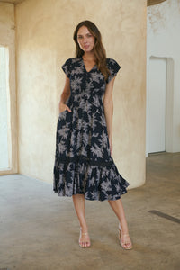 Augustina Button Front MIDI Navy Fern Print Dress