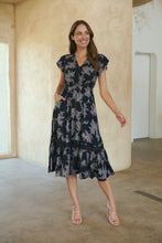 Load image into Gallery viewer, Augustina Button Front MIDI Navy Fern Print Dress