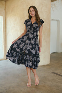 Augustina Button Front MIDI Navy Fern Print Dress