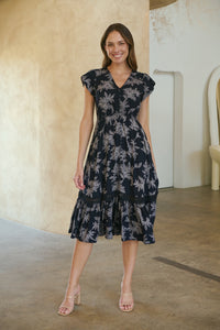 Augustina Button Front MIDI Navy Fern Print Dress