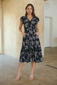 Augustina Button Front MIDI Navy Fern Print Dress