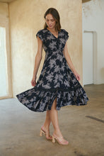 Load image into Gallery viewer, Augustina Button Front MIDI Navy Fern Print Dress