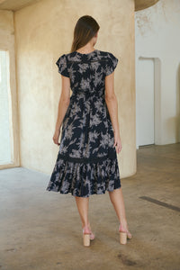 Augustina Button Front MIDI Navy Fern Print Dress