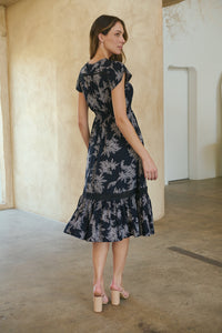 Augustina Button Front MIDI Navy Fern Print Dress