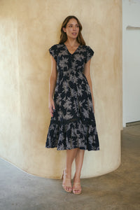 Augustina Button Front MIDI Navy Fern Print Dress