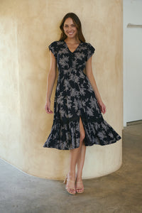 Augustina Button Front MIDI Navy Fern Print Dress