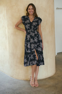 Augustina Button Front MIDI Navy Fern Print Dress