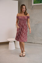 Load image into Gallery viewer, Soleil Shirred Red Floral Off Shoulder Midi Dress